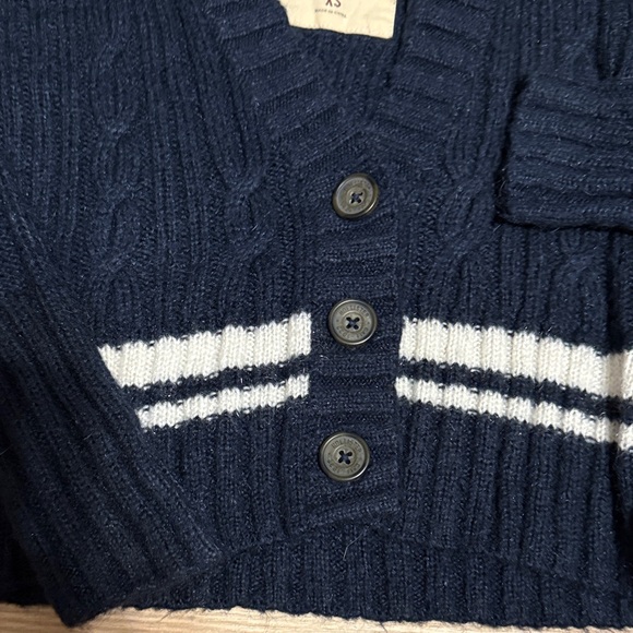 Hollister Dark Blue V Neck Cardigan Sweater with White Stripe - Picture 3 of 4